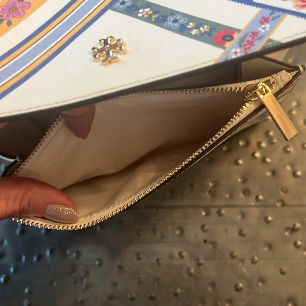 Tory Burch Kerrington Ribbon Weave Bias small Crossbody, cream w red, blue, gold - Picture 7 of 9